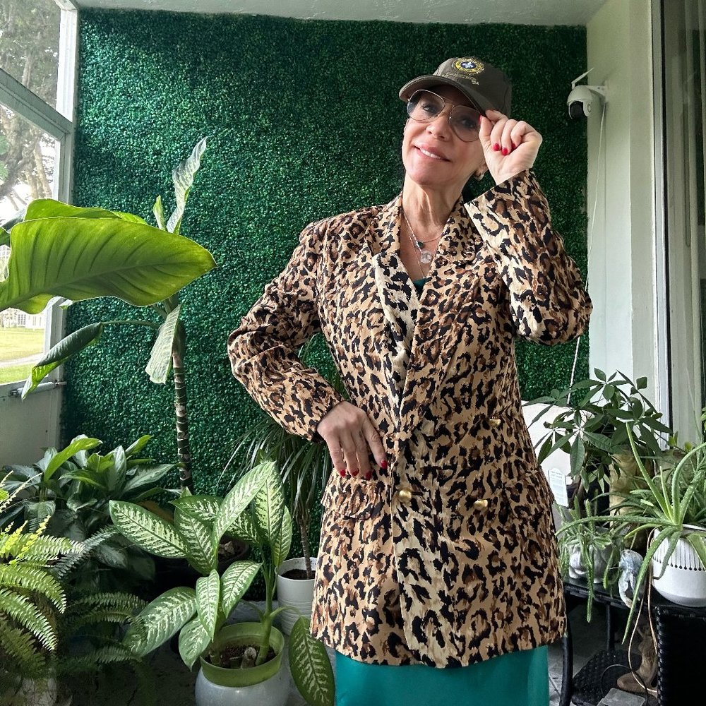 Bloomingdales Silk Black Leopard Sequins Animal Print  Blazer Jacket